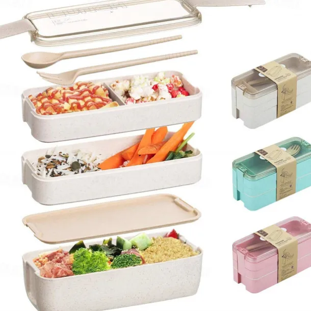 900ml Portable Lunch Box 3 Layer Wheat Straw Bento Boxes Microwave Dinnerware Food Storage Container Foodbox 1set
