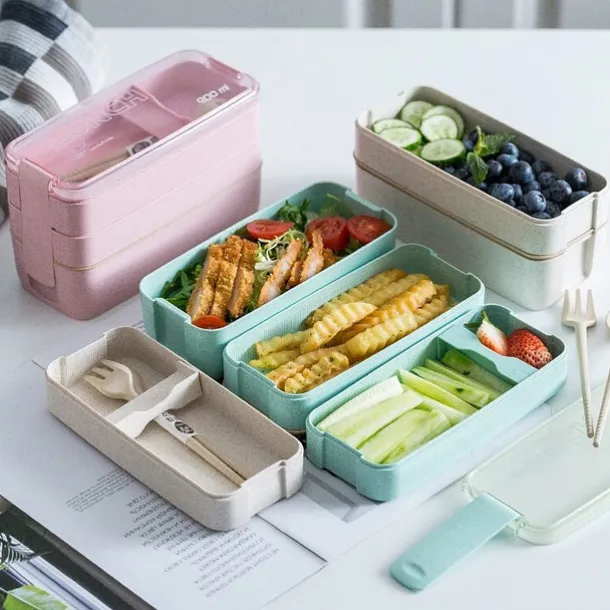 900ml Portable Lunch Box 3 Layer Wheat Straw Bento Boxes Microwave Dinnerware Food Storage Container Foodbox 1set