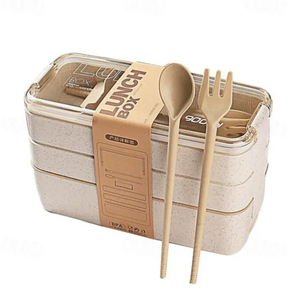 900ml Portable Lunch Box 3 Layer Wheat Straw Bento Boxes Microwave Dinnerware Food Storage Container Foodbox 1set