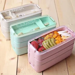 900ml Portable Lunch Box 3 Layer Wheat Straw Bento Boxes Microwave Dinnerware Food Storage Container Foodbox 1set
