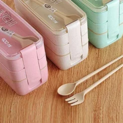 900ml Portable Lunch Box 3 Layer Wheat Straw Bento Boxes Microwave Dinnerware Food Storage Container Foodbox 1set