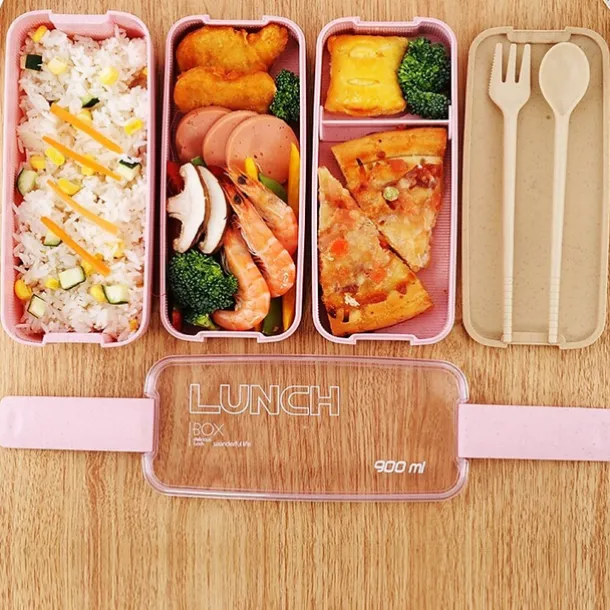 900ml Portable Lunch Box 3 Layer Wheat Straw Bento Boxes Microwave Dinnerware Food Storage Container Foodbox 1set