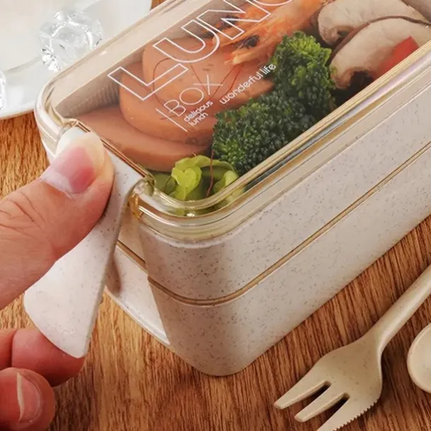 900ml Portable Lunch Box 3 Layer Wheat Straw Bento Boxes Microwave Dinnerware Food Storage Container Foodbox 1set