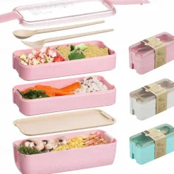 900ml Portable Lunch Box 3 Layer Wheat Straw Bento Boxes Microwave Dinnerware Food Storage Container Foodbox 1set