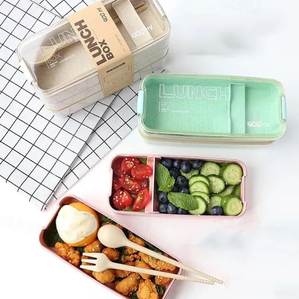 900ml Portable Lunch Box 3 Layer Wheat Straw Bento Boxes Microwave Dinnerware Food Storage Container Foodbox 1set