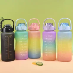 2000ML/900ML/300ML 3PCS Frosted Gradient Plastic Cup Large Capacity Portable Straw Cup With Handle Outdoor Travel Gradient Color Graduated Frosted Water Bottle Sports Bottle Straw Cup