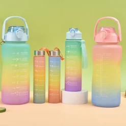 2000ML/900ML/300ML 3PCS Frosted Gradient Plastic Cup Large Capacity Portable Straw Cup With Handle Outdoor Travel Gradient Color Graduated Frosted Water Bottle Sports Bottle Straw Cup