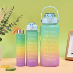 2000ML/900ML/300ML 3PCS Frosted Gradient Plastic Cup Large Capacity Portable Straw Cup With Handle Outdoor Travel Gradient Color Graduated Frosted Water Bottle Sports Bottle Straw Cup