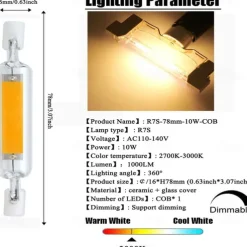 78mm R7S LED Bulbs 5/10W 50W/70W Halogen Enquivalent Double Ended J Base 360Beam Angle 220V Dimmable 3000K Warm White/6000W White for Landscape Light (2Pcs)