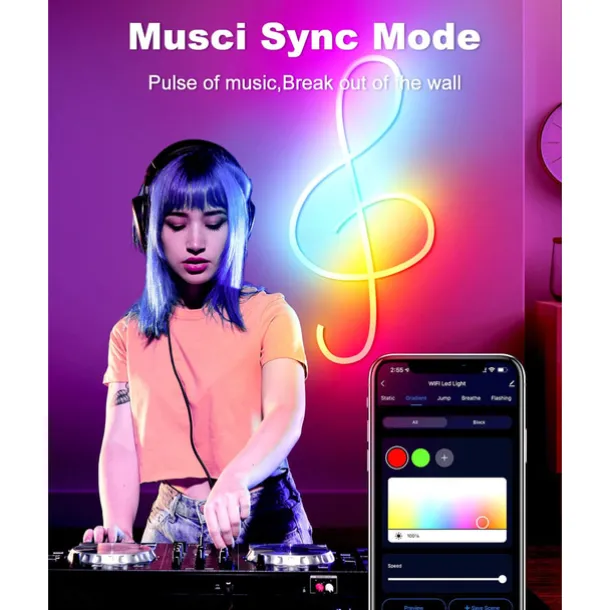 3M/5M RGBIC Strip Lights Neon Light with WIFI Neon Rope Light DIY Light Bar APP Control Music Sync TV Backlight Game Living Room Bedroom Decoration