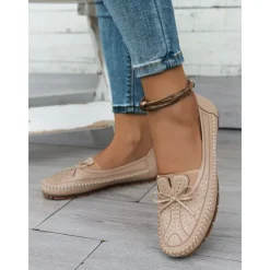Moccasin Loafers for Women – Soft Shoes with Bow Detail and Rhinestone Design, Ideal for Casual Comfort and Spring/Summer Walks