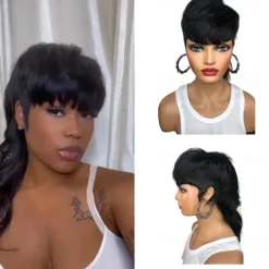 Model Length Full Machine Made Wig With Bangs Indian Virgin Human Hair Wigs For Black Women Dovetail Straight Remy