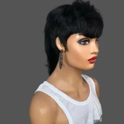 Model Length Full Machine Made Wig With Bangs Indian Virgin Human Hair Wigs For Black Women Dovetail Straight Remy