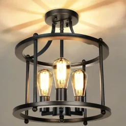 Modern Black Semi Flush Ceiling Light Fixture, 3 Light Traditional Pendant Light, Rustic Ceiling Light for Bedroom Living Room Dining Hall Hallway Kitchen 110-240V