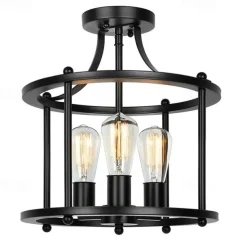Modern Black Semi Flush Ceiling Light Fixture, 3 Light Traditional Pendant Light, Rustic Ceiling Light for Bedroom Living Room Dining Hall Hallway Kitchen 110-240V