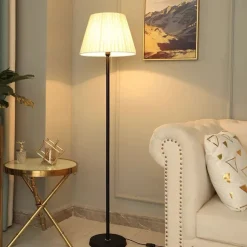 Modern Floor Lamp for Living Room, Height Adjustable Standing Lamp with Brass Base, Gold Brass Tall Post Light with White Linen Shade for Reading, Bedroom, Pull Chain Switch, Bulb Included