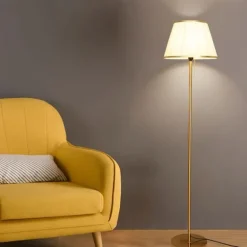 Modern Floor Lamp for Living Room, Height Adjustable Standing Lamp with Brass Base, Gold Brass Tall Post Light with White Linen Shade for Reading, Bedroom, Pull Chain Switch, Bulb Included