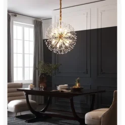 Modern Gold Crystal Chandeliers, 18/24-Light 60/77cm Dandelion Firework Pendant Lighting, Ball Hanging Chandelier Light Fixtures for Dining Room Bedroom Living Room Kitchen Island 110-240V