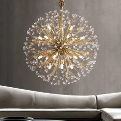 Modern Gold Crystal Chandeliers, 18/24-Light 60/77cm Dandelion Firework Pendant Lighting, Ball Hanging Chandelier Light Fixtures for Dining Room Bedroom Living Room Kitchen Island 110-240V