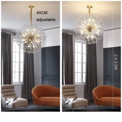 Modern Gold Crystal Chandeliers, 18/24-Light 60/77cm Dandelion Firework Pendant Lighting, Ball Hanging Chandelier Light Fixtures for Dining Room Bedroom Living Room Kitchen Island 110-240V