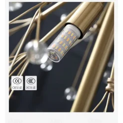 Modern Gold Crystal Chandeliers, 18/24-Light 60/77cm Dandelion Firework Pendant Lighting, Ball Hanging Chandelier Light Fixtures for Dining Room Bedroom Living Room Kitchen Island 110-240V