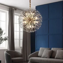 Modern Gold Crystal Chandeliers, 18/24-Light 60/77cm Dandelion Firework Pendant Lighting, Ball Hanging Chandelier Light Fixtures for Dining Room Bedroom Living Room Kitchen Island 110-240V