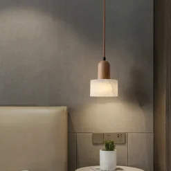 Modern Marble Stone Pendant Light Wood and Alabaster Farmhouse Mid-Century Pendant Light 85-265V 17cm