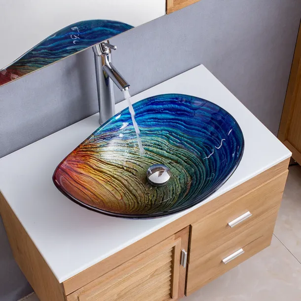 Modern simple clear light carving yuan treasure basin tempered glass wash basin with waterfall faucet basin support sink BWY19-193