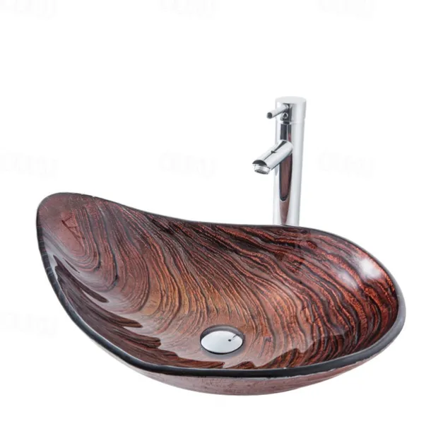 Modern simple clear light carving yuan treasure basin tempered glass wash basin with waterfall faucet basin support sink BWY19-193