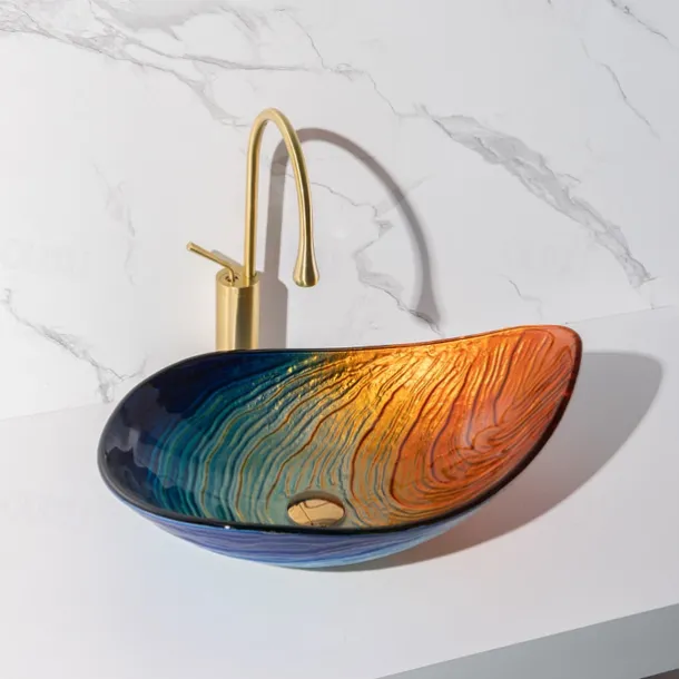 Modern simple clear light carving yuan treasure basin tempered glass wash basin with waterfall faucet basin support sink BWY19-193