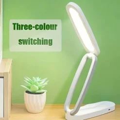Modern Style LED Table Lamp, Foldable Reading Light with Touch Control, USB Desk Lamp with 3-Level Dimmable Brightness, Rechargeable Lithium Battery, Polished Plastic Finish - Portable Wireless