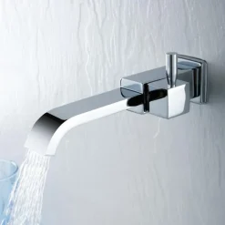 Modern Utility Sink Laundry Chrome Black Faucet, Wall Mount Long Spout One Handle One Hole Wash Basin Tap with Hot and Cold Water Hoses, Laundry Tub Pot Filler Commercial Faucet with Ceramic Valve