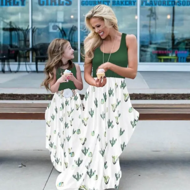 Mommy and Me Dresses Graphic Home Green Sleeveless Mommy And Me Outfits Daily Matching Outfits