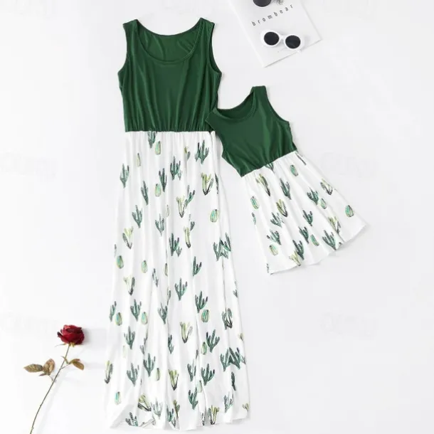 Mommy and Me Dresses Graphic Home Green Sleeveless Mommy And Me Outfits Daily Matching Outfits