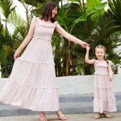 Mommy and Me Dresses Graphic Home Pink Sleeveless Knee-length Mommy And Me Outfits Daily Matching Outfits