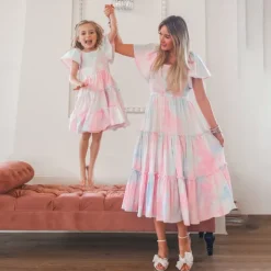 Mommy and Me Dresses Tie Dye Street Print Pink Short Sleeve Midi Mommy And Me Outfits Cute Matching Outfits