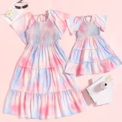 Mommy and Me Dresses Tie Dye Street Print Pink Short Sleeve Midi Mommy And Me Outfits Cute Matching Outfits