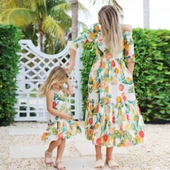 Mommy And Me Summer Dresses Cute Fruit Print Beach Dress Mom Mommy and Me Fashion Dress Family Matching Outfits