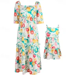 Mommy And Me Summer Dresses Cute Fruit Print Beach Dress Mom Mommy and Me Fashion Dress Family Matching Outfits