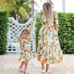 Mommy And Me Summer Dresses Cute Fruit Print Beach Dress Mom Mommy and Me Fashion Dress Family Matching Outfits