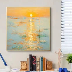 Monet Impressionist Landscape Sunrise On The Sea Hand-painted Oil Painting Cream Style Living Soom Decoration Picture Entrance Square Hanging Paintings (No Frame)