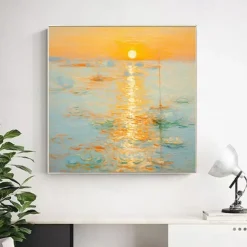 Monet Impressionist Landscape Sunrise On The Sea Hand-painted Oil Painting Cream Style Living Soom Decoration Picture Entrance Square Hanging Paintings (No Frame)