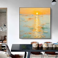 Monet Impressionist Landscape Sunrise On The Sea Hand-painted Oil Painting Cream Style Living Soom Decoration Picture Entrance Square Hanging Paintings (No Frame)