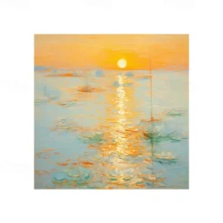 Monet Impressionist Landscape Sunrise On The Sea Hand-painted Oil Painting Cream Style Living Soom Decoration Picture Entrance Square Hanging Paintings (No Frame)