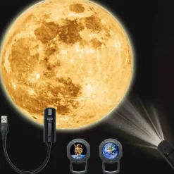 Moon Earth Astronaut Lamp Projector Night Light 360 Moon Projection Light USB Star Night Light Charging Lighting with 3 ModesRomantic Atmosphere Lamp for Selfie Backgroun Bedroom Decor