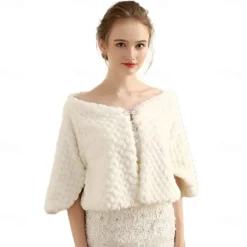 Mother's Wraps Elegant Keep Warm Long Sleeve Faux Fur Wedding Wraps With Pure Color For Wedding Fall