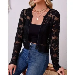 Mother's Wraps Elegant Sun Protection Long Sleeve Lace Wedding Wraps With Pure Color For Formal Summer