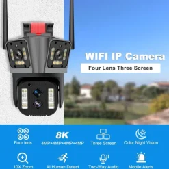 16MP 8K WiFi IP Camera 10X Zoom 4K Outdoor Security Camera Surveillance AI Track Four Lens Three Screen Mini Street Camera 360°