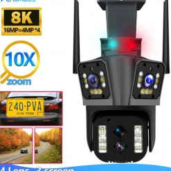 16MP 8K WiFi IP Camera 10X Zoom 4K Outdoor Security Camera Surveillance AI Track Four Lens Three Screen Mini Street Camera 360°