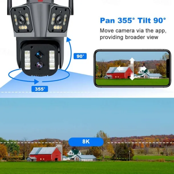 16MP 8K WiFi IP Camera 10X Zoom 4K Outdoor Security Camera Surveillance AI Track Four Lens Three Screen Mini Street Camera 360°